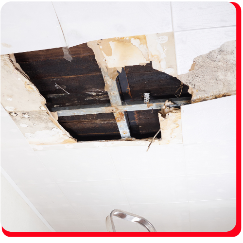 Severely damaged commercial ceiling with exposed metal beams and water-stained drywall, indicating structural and moisture damage—ideal for large loss restoration projects in Toronto, Ontario, Canada.
